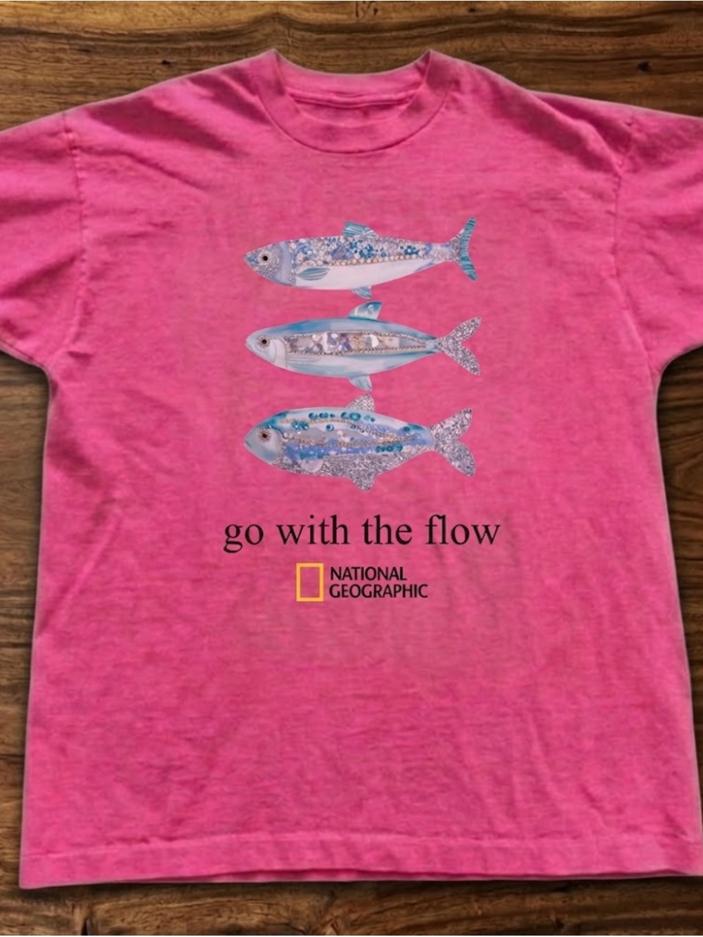 Gildan Pink Tee with Blue Fish Graphic - "Go With The Flow"